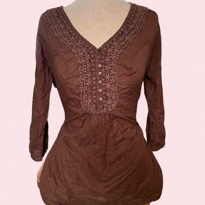 Women's Brown Crochet Trim V-Neck Tunic Blouse